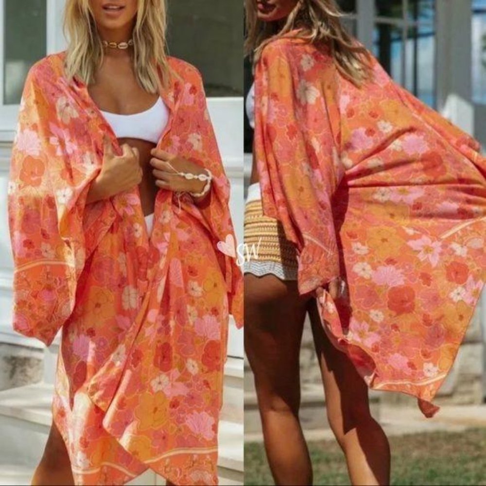 Vintage 70s Floral Print Kimono Cardigan Sweater - Picture 2 of 7